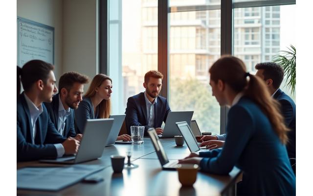 Une équipe professionnelle se réunissant dans un bureau moderne, symbolisant la collaboration et l'innovation chez ClairVoie Juris.